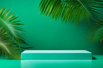 Turquoise podium with palm leaves on green background. Minimal scene
