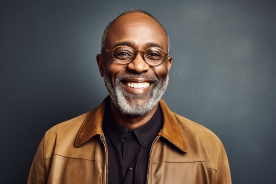 Medium shot portrait of a Nigerian man in his 50s in an abstract background wearing a chic cardigan