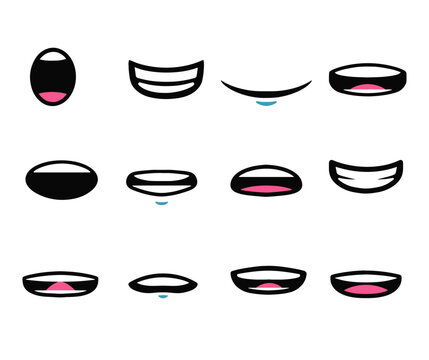 A set of cartoon smiles and lips that show different sounds and pronunciation of foreign languages
