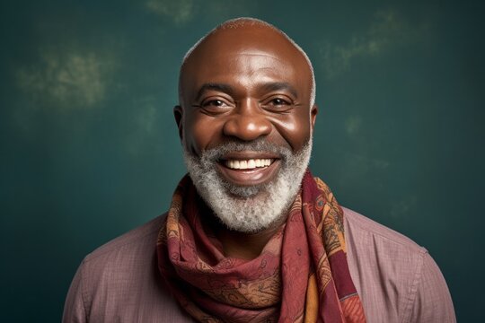 Portrait of a Nigerian man in his 50s in an abstract background wearing a charming scarf