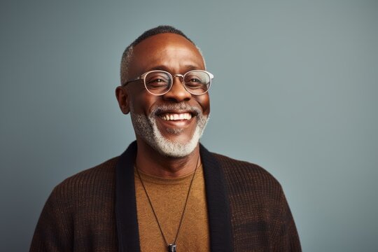 Portrait of a Nigerian man in his 60s in an abstract background wearing a chic cardigan