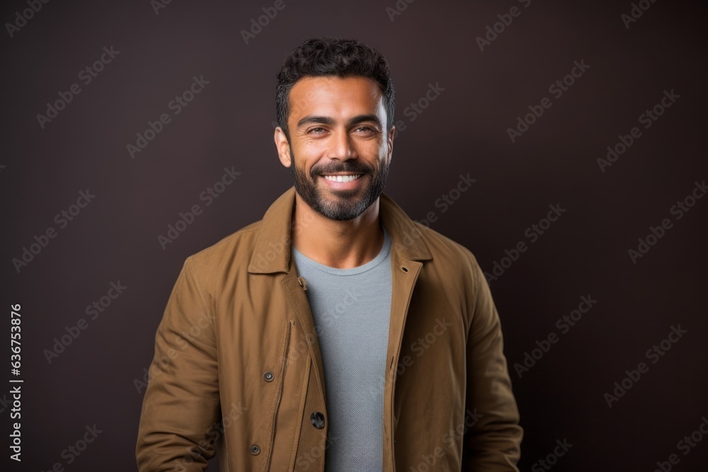 Wall mural portrait of a saudi arabian man in his 30s in an abstract background wearing a chic cardigan