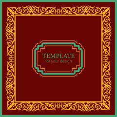 Template for your design. Square frame. Ornamental elements and motifs of Kazakh, Kyrgyz, Uzbek, national Asian decor for packaging, boxes, banner and print design. Nomad style. Vector.	
