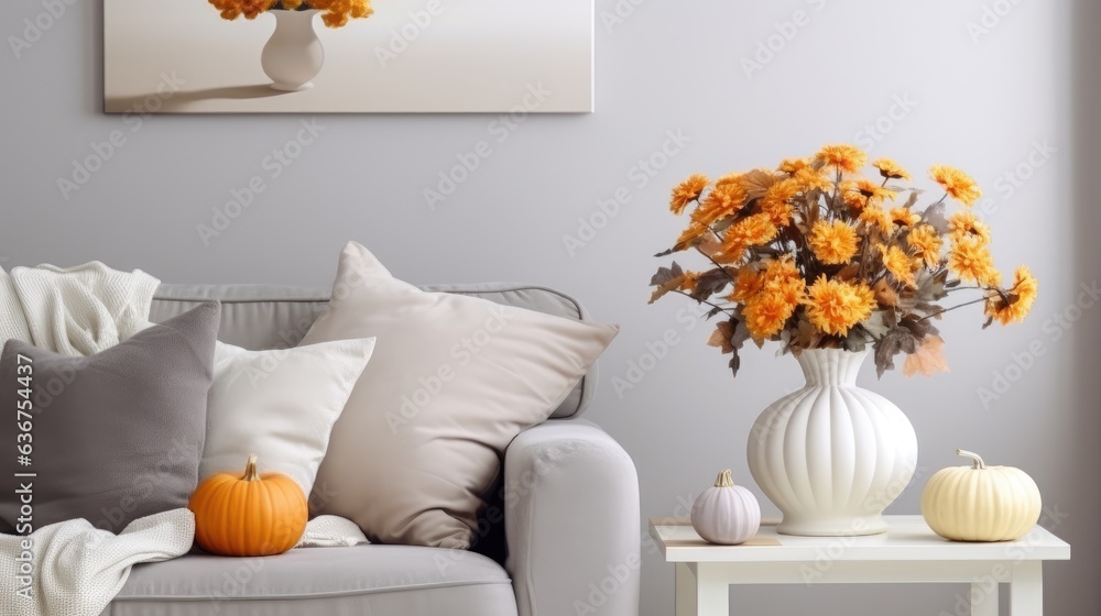 Poster home interior with an autumn beautiful bouquet. mock up for display worksvase on a light background.