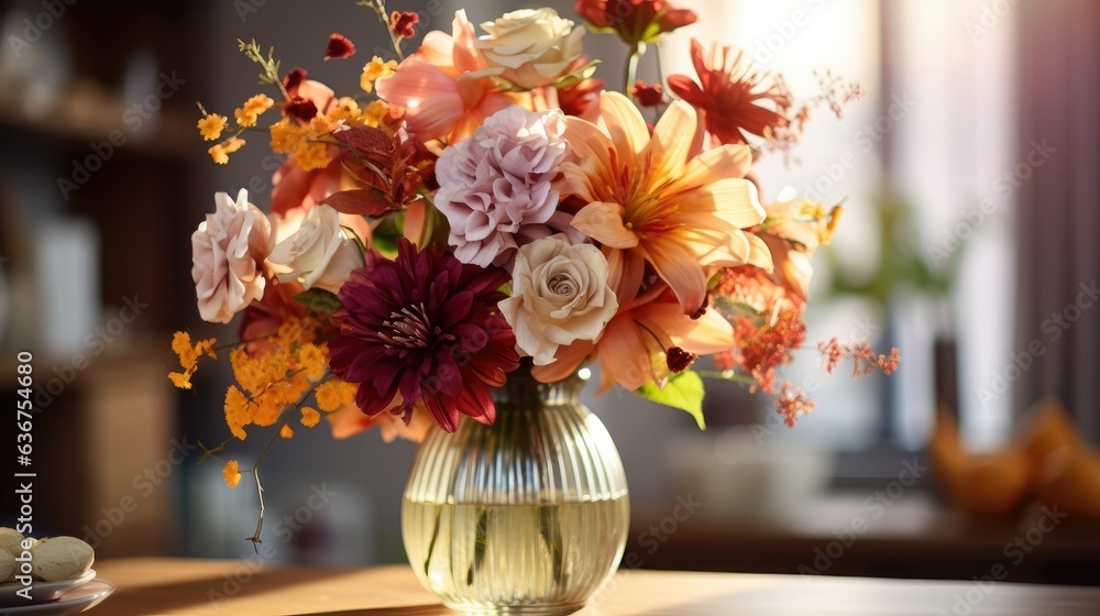 Poster home interior with an autumn beautiful bouquet. mock up for display worksvase on a light background.