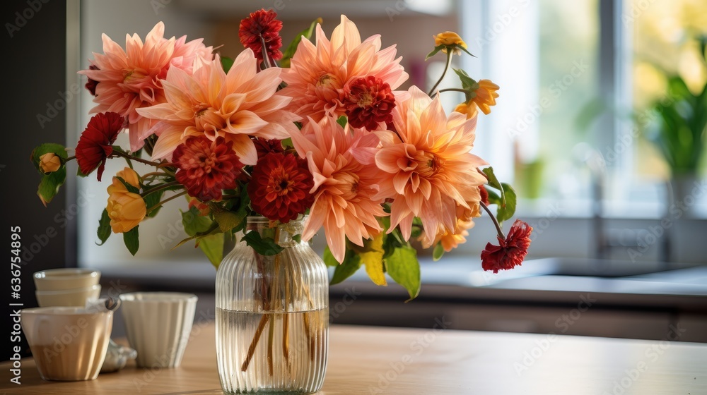 Poster home interior with an autumn beautiful bouquet. mock up for display worksvase on a light background.