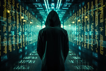 Anonymous hacker back view in hoodie surrounded by a network of glowing data