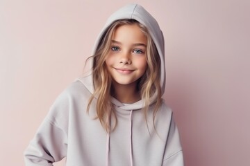 Portrait of a Russian child female in a pastel or soft colors background wearing a stylish hoodie