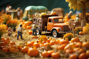 Tiny workers farmers harvest pumpkins in the field. 