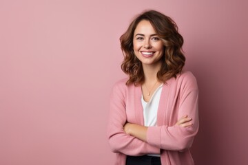 Obraz premium Portrait of a Russian woman in her 30s in a pastel or soft colors background wearing a chic cardigan