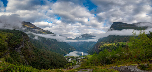 Geiranger Fjord Ferry Serene Misty Fjord: Majestic Mountain Landscape and Pristine Waters High Quality Panorama