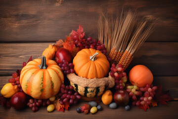 Happy Thanksgiving. Thanksgiving pumpkins and Autumn leaves. Thanksgiving Food Party. Thanksgiving Concept.Thanksgiving Background. Thanksgiving Theme. Generative Ai