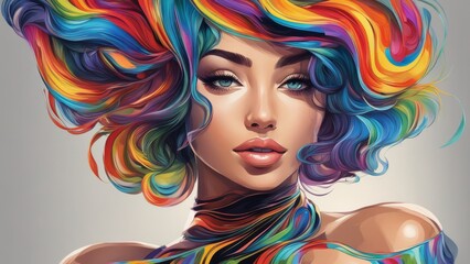 Digital multicolor art large portrait of a cute girl with green eyes