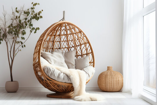 Wicker chair cocoon in a modern living room in boho style. 