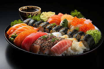 A plate with sushi sashimi and wasabi