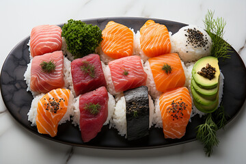A plate with sushi sashimi and wasabi