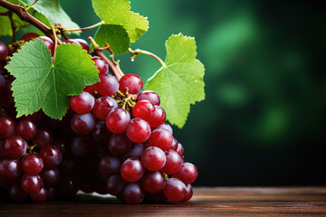 Fresh Red Grapes with leaves on green background, Empty copy space