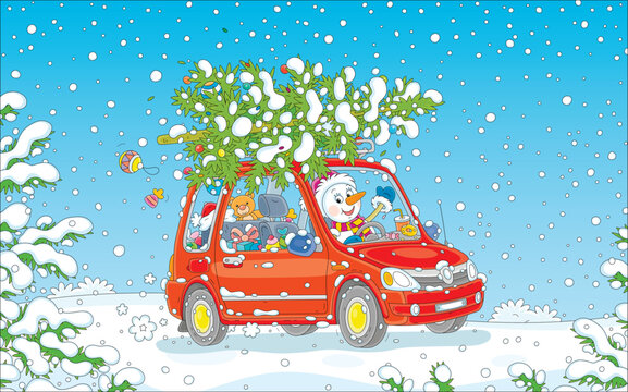Greeting card with a funny snowman driving a small red car with a snowy Christmas tree, holiday gifts, toys and sweets through a winter forest, vector cartoon illustration