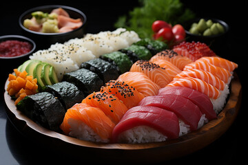 A plate with sushi sashimi and wasabi