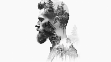 Double exposure profile portrait of a man decorated with forest and tree. Poster, collage, art. Generative AI