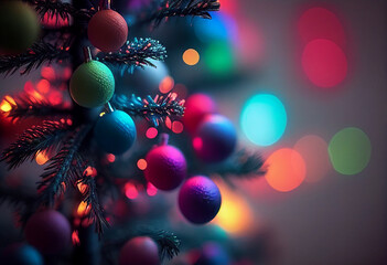 Christmas tree close-up against the background of lights. AI Generated