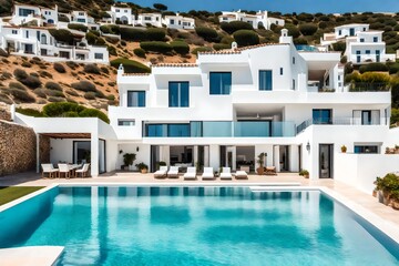 Fototapeta na wymiar Traditional mediterranean white house with pool on hill with stunning sea view