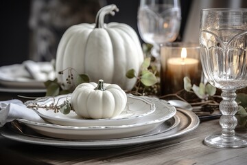 Naklejka premium Happy Thanksgiving. Thanksgiving pumpkins and Autumn leaves. Thanksgiving Food Party. Thanksgiving Concept.Thanksgiving Background. Thanksgiving Theme. Generative Ai