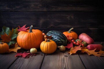 Happy Thanksgiving. Thanksgiving pumpkins and Autumn leaves. Thanksgiving Food Party. Thanksgiving Concept.Thanksgiving Background. Thanksgiving Theme. Generative Ai