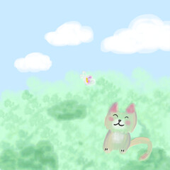 The cat sat and watched the butterfly.