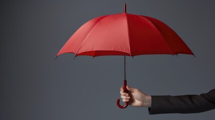 Businessman hand with an red umbrella isolated on gray created with Generative AI technology.