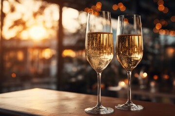 Glasses of champagne or sparkling wine in a festive atmosphere. Merry christmas and happy new year concept