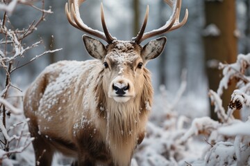 Deer in the forest. Merry christmas and happy new year concept, outdoor recreation in winter holidays. Background