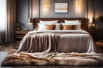 Comfortable bedroom with large bed with blankets and fur