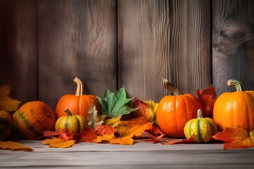 Happy Thanksgiving. Thanksgiving pumpkins and Autumn leaves. Thanksgiving Food Party. Thanksgiving Concept.Thanksgiving Background. Thanksgiving Theme. Generative Ai