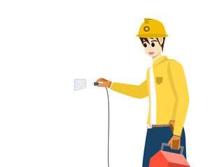 male electrician Power is plugged in of various electrical equipment. Wiring of electrical appliances in the house or in the building. Vector illustration cartoon style technician industrial, safety