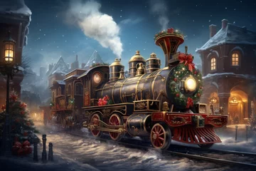 Photo sur Plexiglas Voitures anciennes Fairy locomotive in holiday postcard style. Merry christmas and happy new year concept