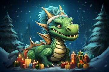 Fairytale dragon in postcard style. Merry christmas and happy new year concept