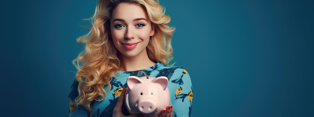 Obraz na płótnie Canvas A happy Caucasian woman in a blue casual jumper holds a pink piggy bank on a blue background. Created with Generative AI technology.