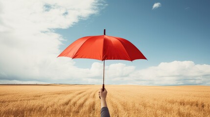 Businessman hand with an red umbrella isolated on wheat field background created with Generative AI technology.