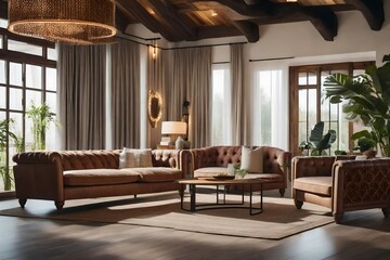 Rustic furniture, sofa and lounge chairs in classic room. Boho interior design of modern living room