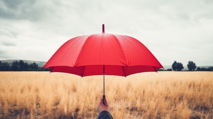 Businessman hand with an red umbrella isolated on wheat field background created with Generative AI technology.
