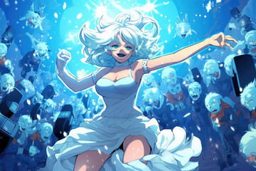 Snow Maiden dancing at a rave party, manga style comic