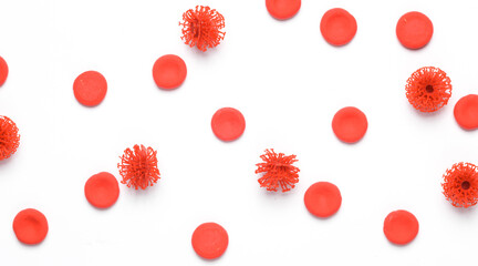 Red blood cells model with virus molecules on white background