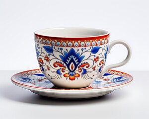 Cup of coffee on a white background with blue and red patterns