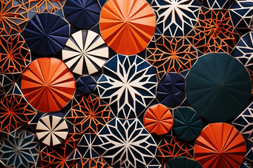 Fototapeta na wymiar Vibrant geometric image, orange, blue & red, Islamic art style, ceramic influence, sharp detail, rectangular fields, scattered composition, dark teal & light orange, modular patterns.