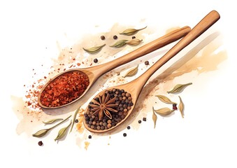 Spices in wooden spoons, Spices and herbs