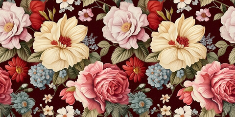 Seamless pattern of mixed bouquets with flowers from the Victorian era in romantic tones. Concept: Recollections of innocence
