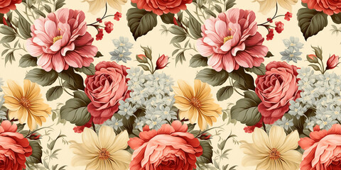 Seamless pattern of mixed bouquets with flowers from the Victorian era in romantic tones. Concept: Genteel garden gatherings