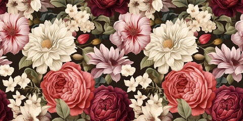 Seamless pattern of mixed bouquets with flowers from the Victorian era in romantic tones. Concept: Secret garden reveries
