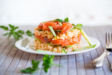Boiled white rice with salted red fish, cucumbers and other vegetables with herbs in a plate.